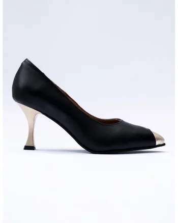Pantofi din piele cu varf ascutit si detalii cu aspect metaliuzat, Auriu/Negru