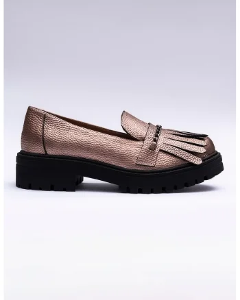 Pantofi loafer din piele cu aspect metalic, Roz prafuit