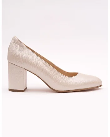 Pantofi uni din piele cu toc masiv, Crem