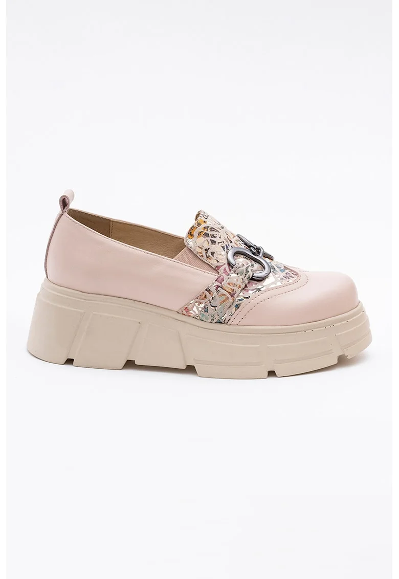 Pantofi loafer wedge din piele cu imprimeu floral, Roz pal/Argintiu