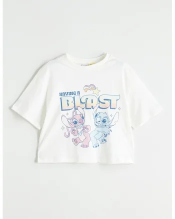 Tricou crop cu imprimeu cu Stitch And Angel, Albastru pastel/Alb murdar