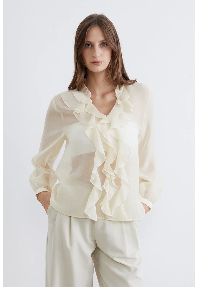 Bluza din amestec de lyocell cu decolteu in V, Alb fildes