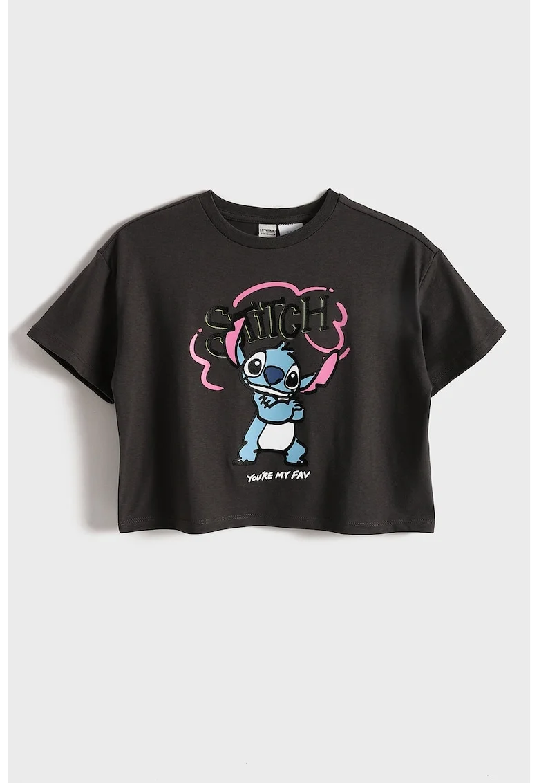 Tricou crop din amestec de bumbac cu imprimeu cu Stitch, Albastru pastel/Roz pastel/Negru stins