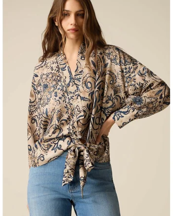 Bluza cu decolteu cache-coeur cu prindere snururi, Bej/Bleumarin