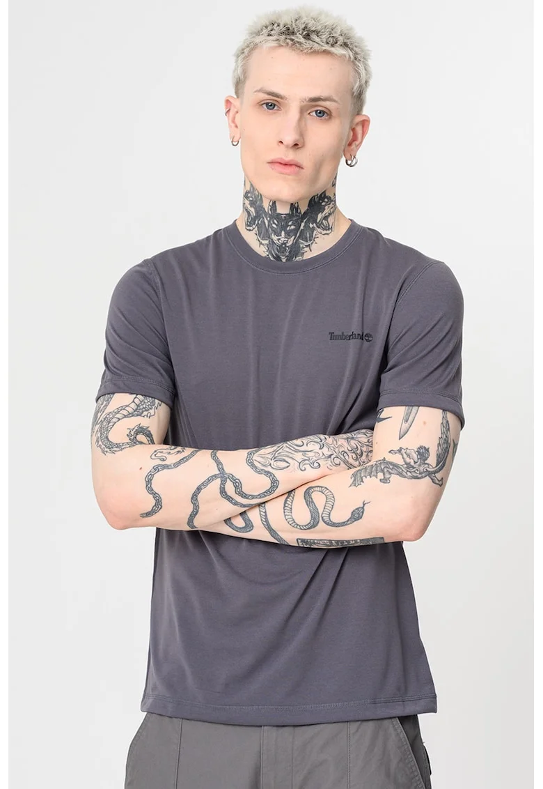 Tricou cu decolteu la baza gatului si detaliu logo, Gri inchis