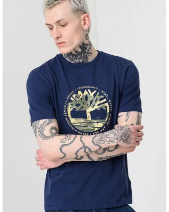 Tricou cu decolteu la baza gatului si imprimeu, Galben/Bleumarin