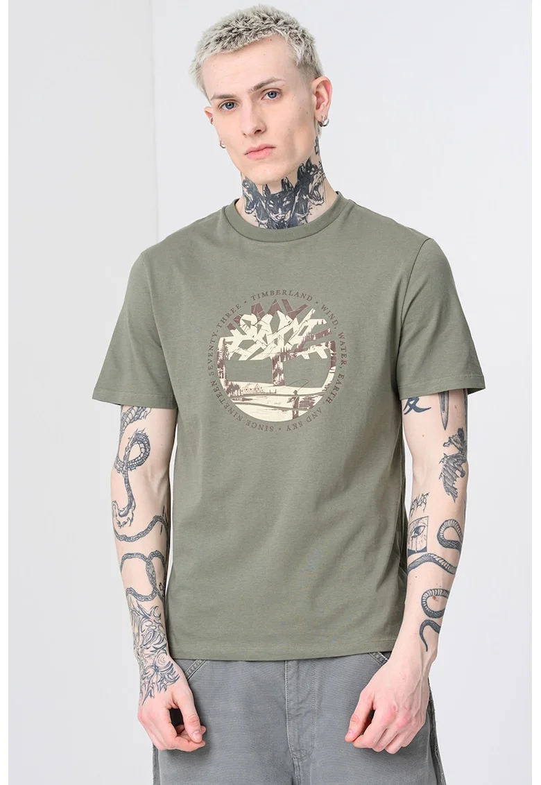 Tricou cu decolteu la baza gatului si imprimeu, Verde feriga