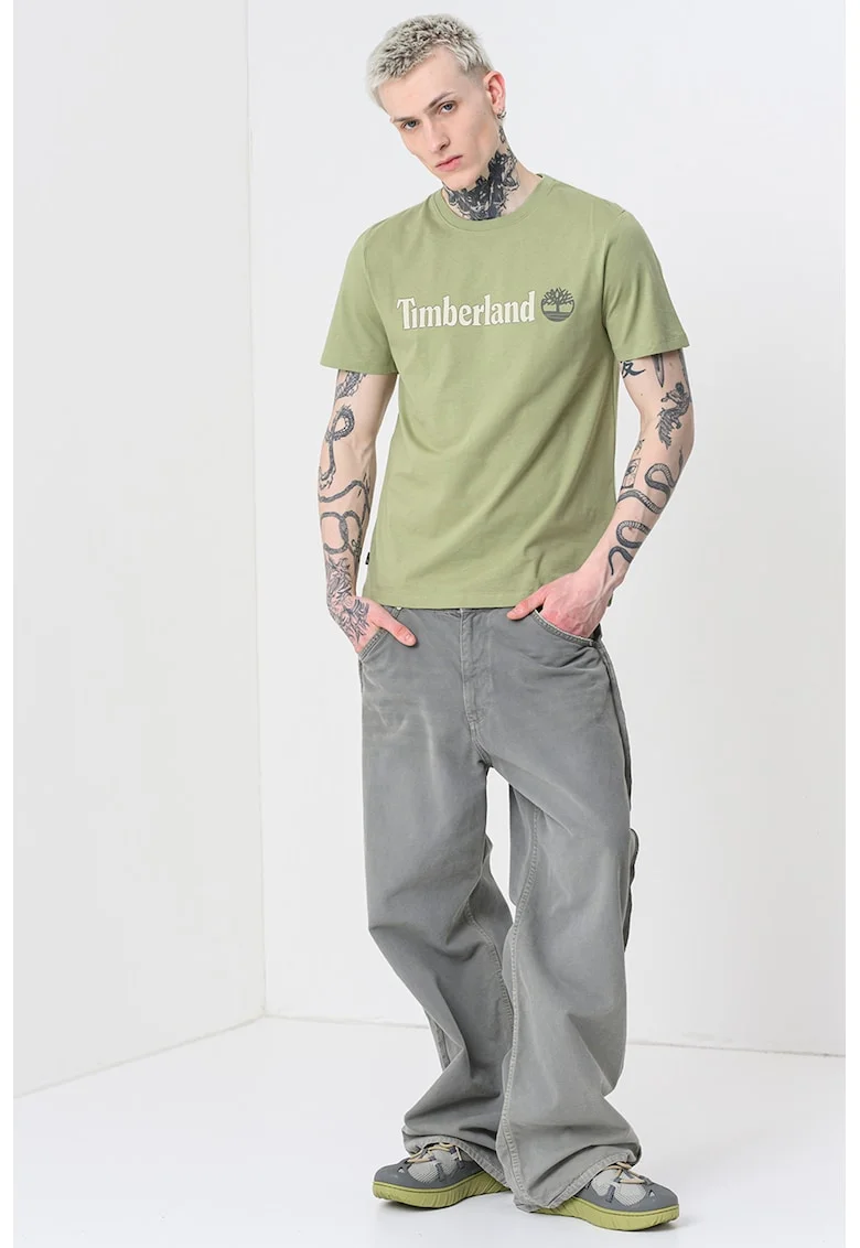 Tricou cu decolteu la baza gatului si imprimeu logo Linear, Verde fistic