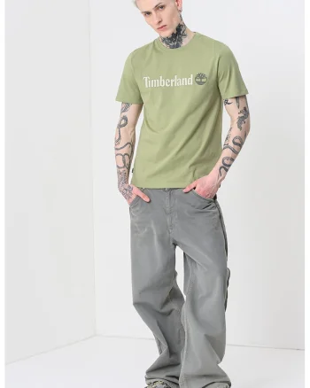 Tricou cu decolteu la baza gatului si imprimeu logo Linear, Verde fistic