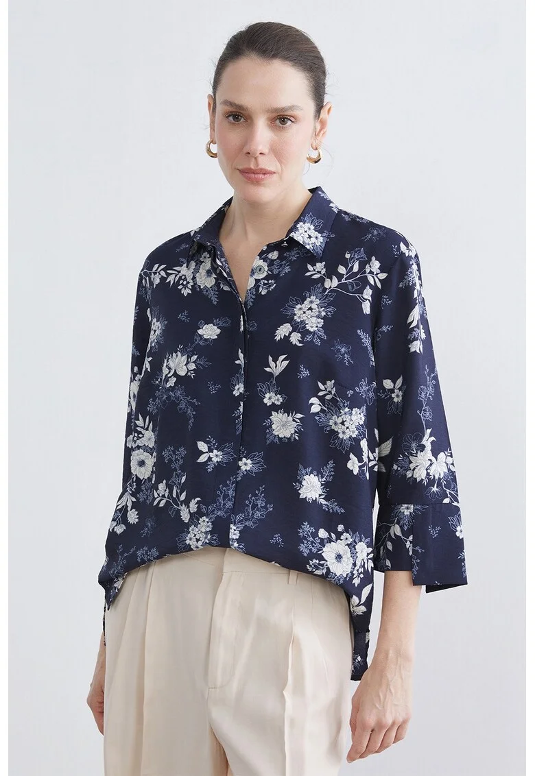 Camasa cu nasturi si imprimeu floral, Alb optic/Bleumarin