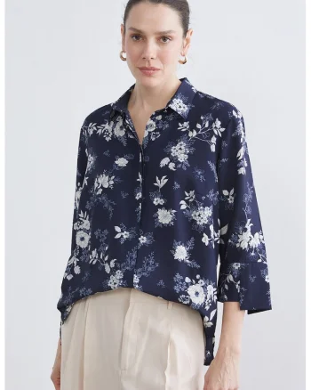 Camasa cu nasturi si imprimeu floral, Alb optic/Bleumarin