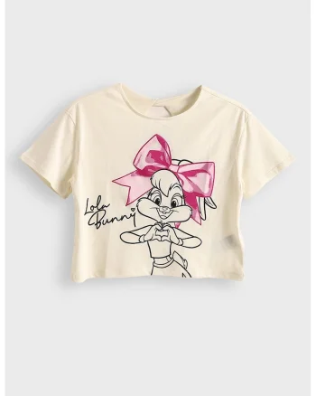Tricou cu imprimeu si decolteu la baza gatului Lola Bunny, Roz pastel/Galben pal/Negru stins