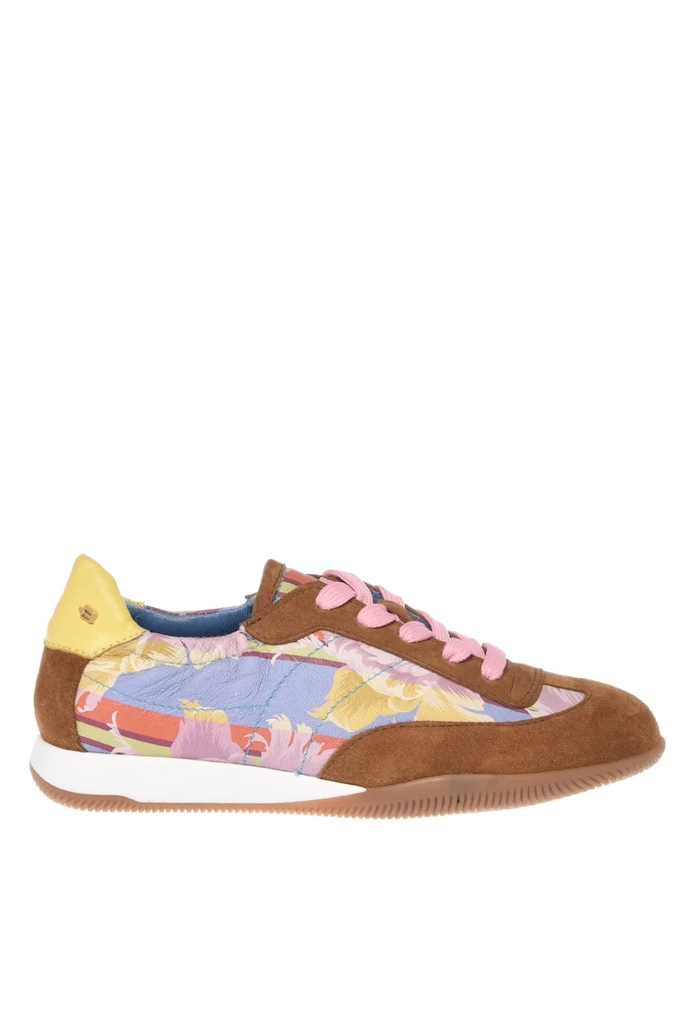 Pantofi sport din piele si piele intoarsa cu imprimeu floral, Maro
