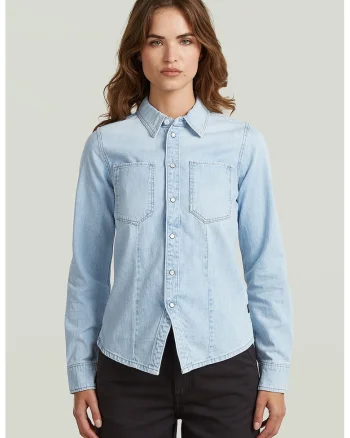 Camasa din denim cu buzunare pe piept, Albastru azur