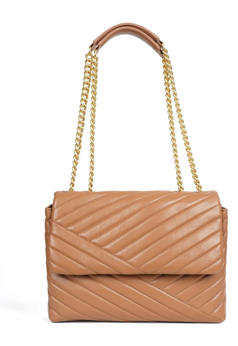 Geantă de femei  Trey, piele naturală, beige închis, două compartimente principale, barete din lant