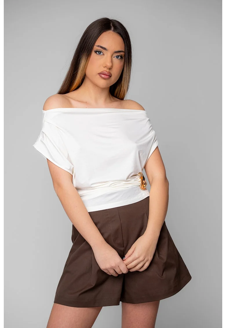 Bluza asimetrica fara maneci cu detaliu auriu 20391, Alb