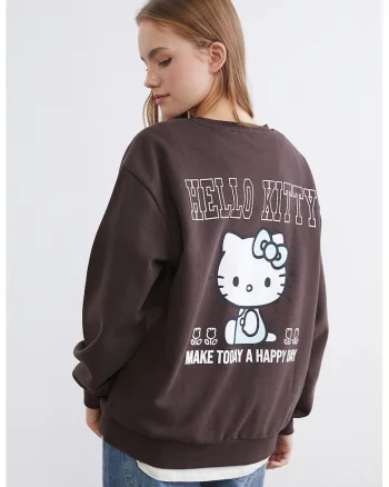Bluza de trening din amestec de bumbac cu imprimeu Hello Kitty, Albastru pastel/Maro inchis/Alb optic