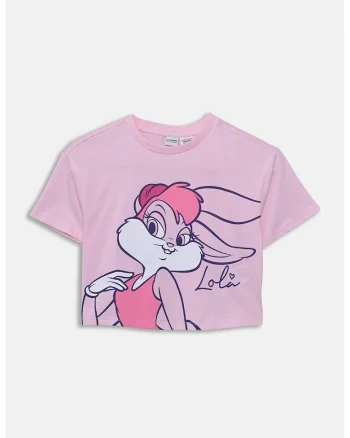 Tricou crop din amestec de bumbac cu imprimeu Lola, Alb optic/Roz prafuit