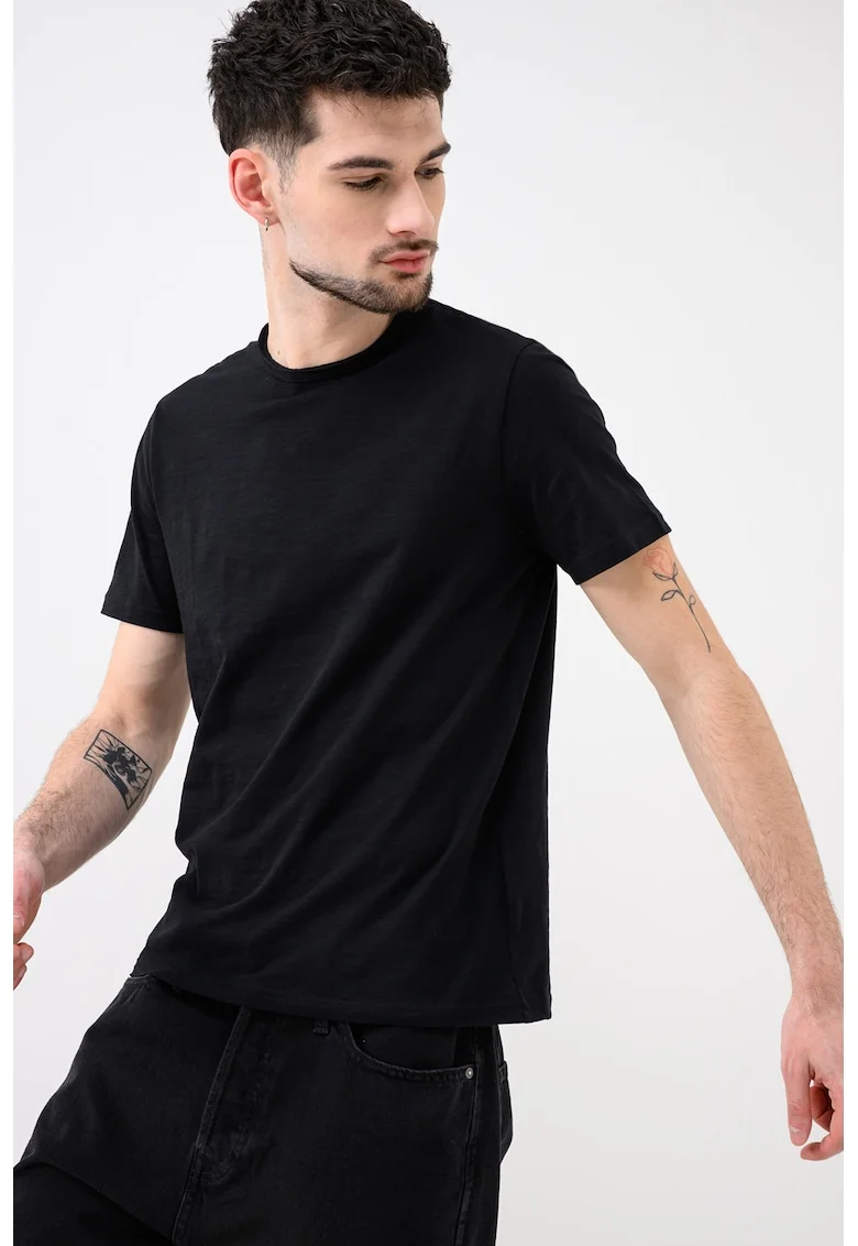 Tricou din bumbac cu decolteu la baza gatului, Negru