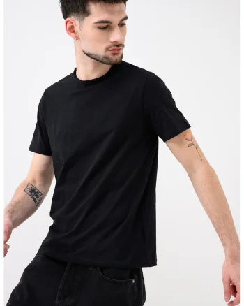 Tricou din bumbac cu decolteu la baza gatului, Negru