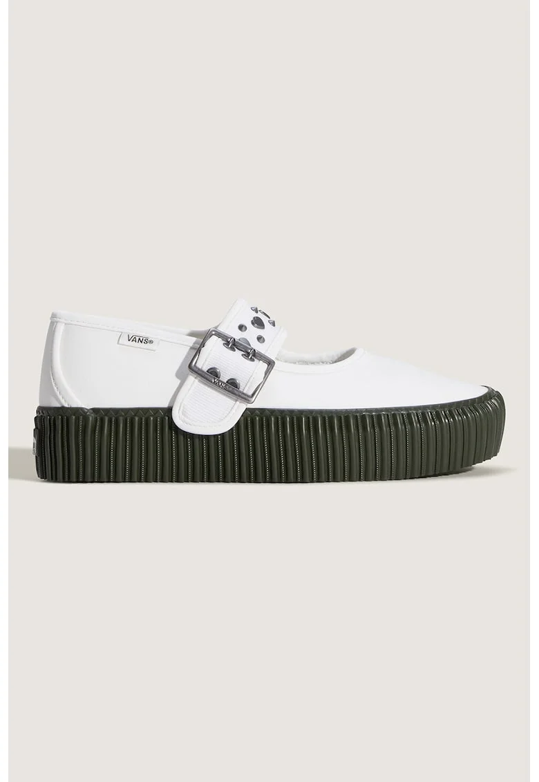 Balerini Mary Jane din piele ecologica Creeper, Alb/Kaki inchis