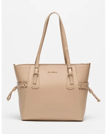 Geanta shopper cu aspect granulat si buzunare laterale, Bej inchis