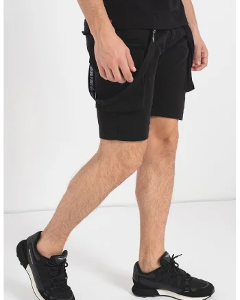 Pantaloni scurti cargo cu bretele detasabile, Negru