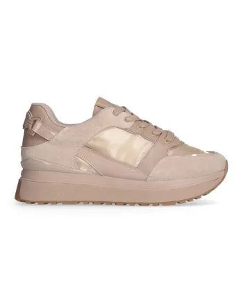 Pantofi sport wedge de piele intoarsa cu insertii de material textil, Maro camel