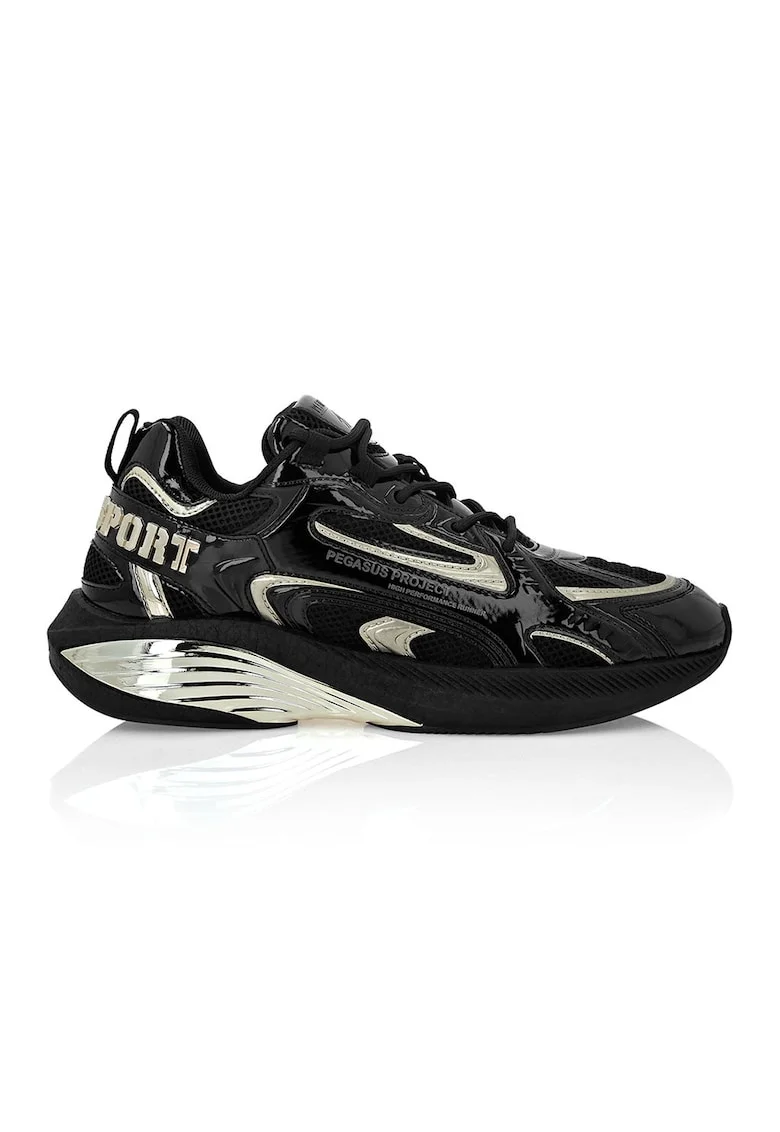 Pantofi sport cu insertii din piele ecologica, Auriu/Negru