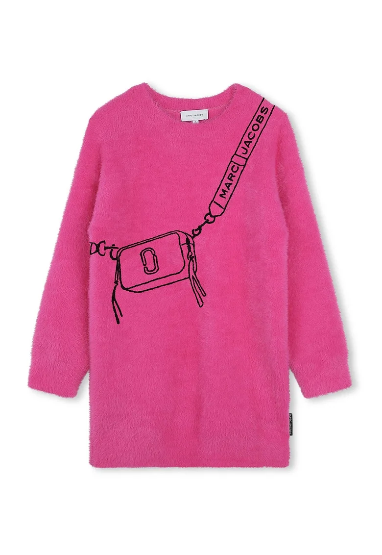 Rochie cu decolteu la baza gatului si imprimeu grafic, Negru/Fucsia