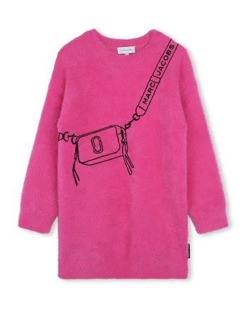 Rochie cu decolteu la baza gatului si imprimeu grafic, Negru/Fucsia