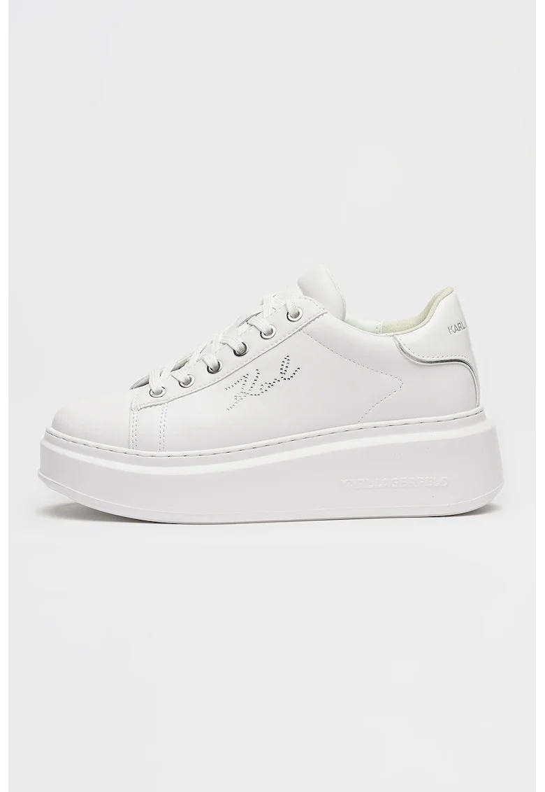 Pantofi sport din piele cu talpa wedge si logo cu strasuri, Alb/Argintiu