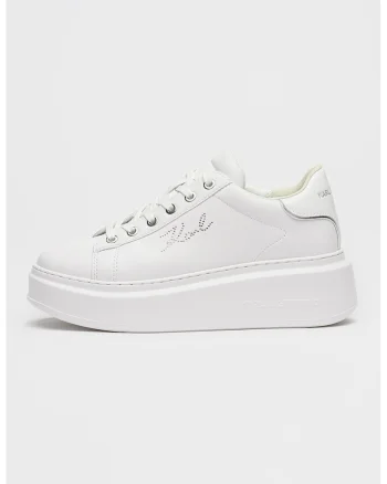Pantofi sport din piele cu talpa wedge si logo cu strasuri, Alb/Argintiu
