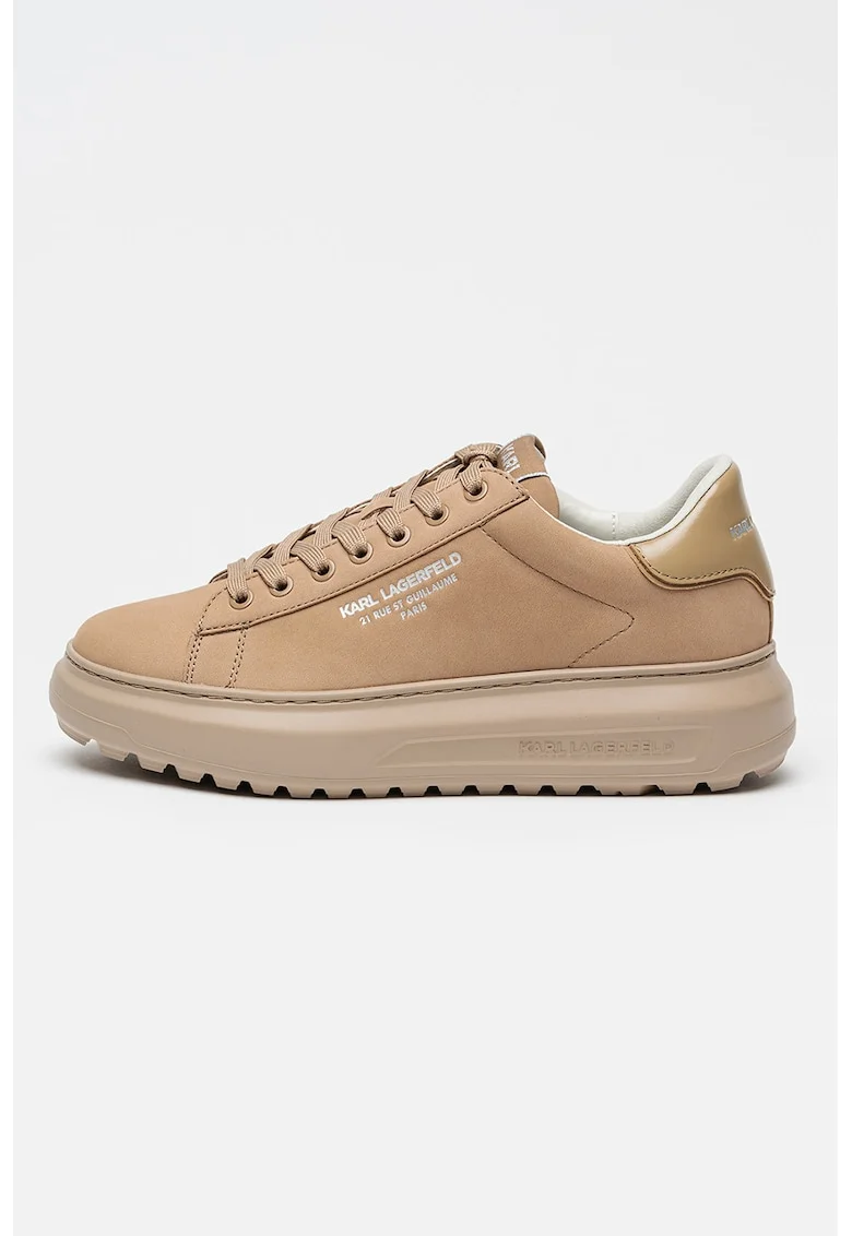 Pantofi sport din piele nabuc cu detaliu logo, Maro camel