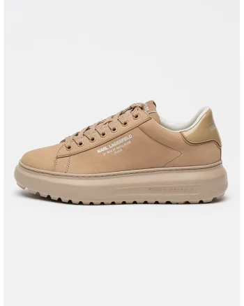 Pantofi sport din piele nabuc cu detaliu logo, Maro camel