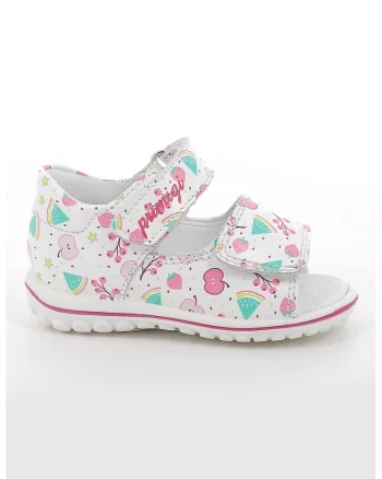 Sandale din piele cu model si inchidere velcro, Alb/Turcoaz/Roz