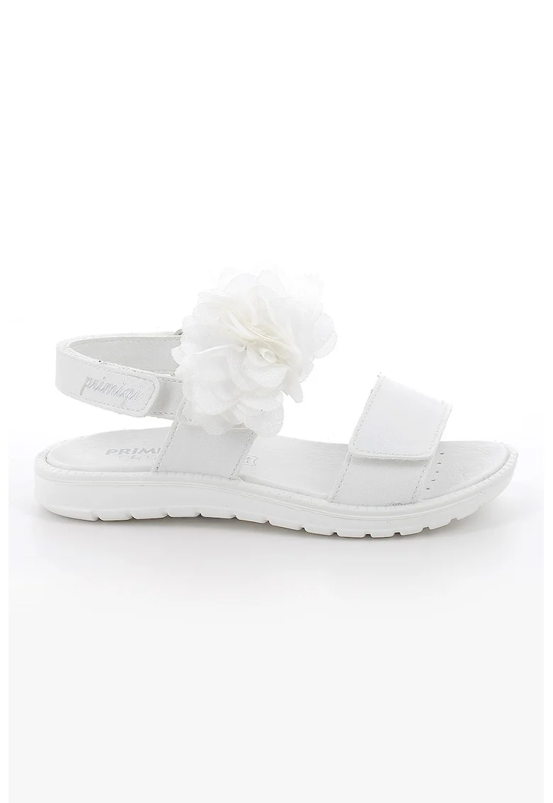 Sandale cu inchidere velcro si floare din tul, Alb optic
