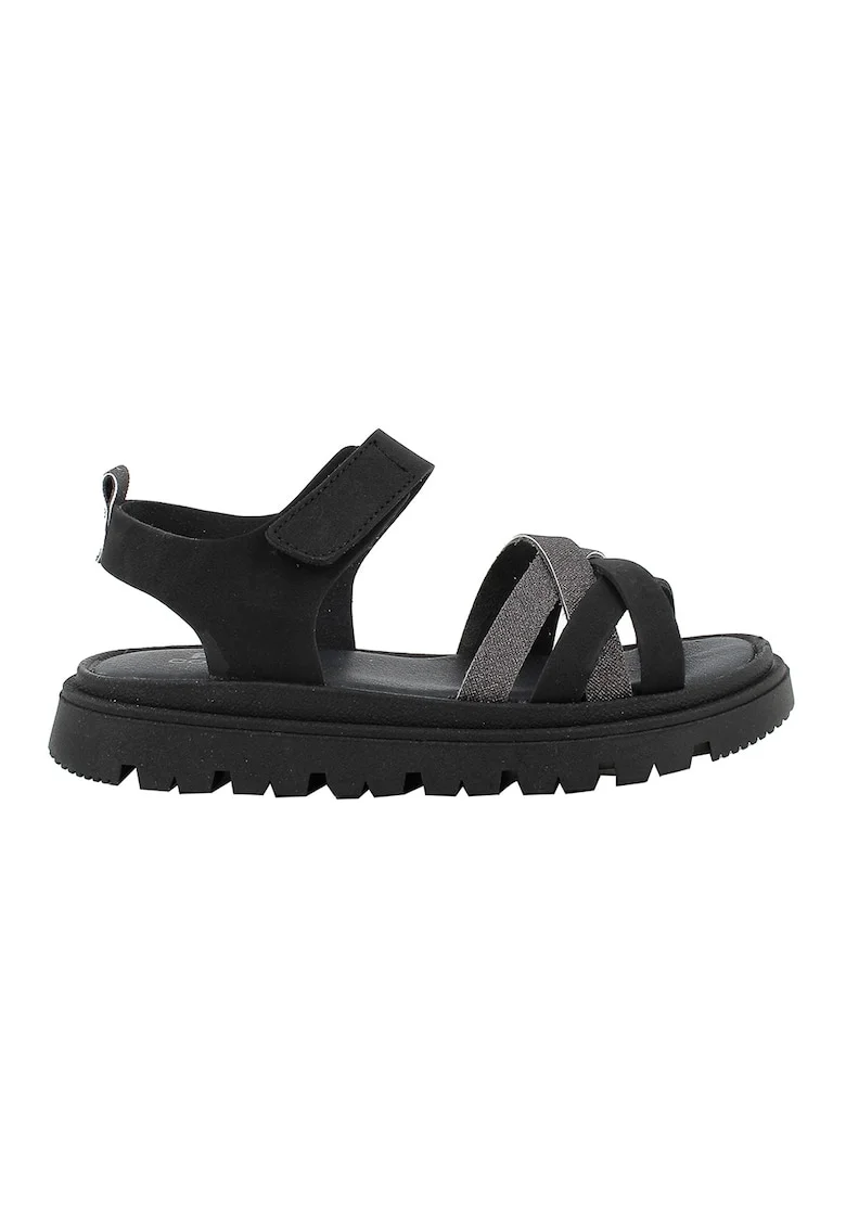 Sandale din piele ecologica cu detalii stralucitoare si talpa flatform, Negru