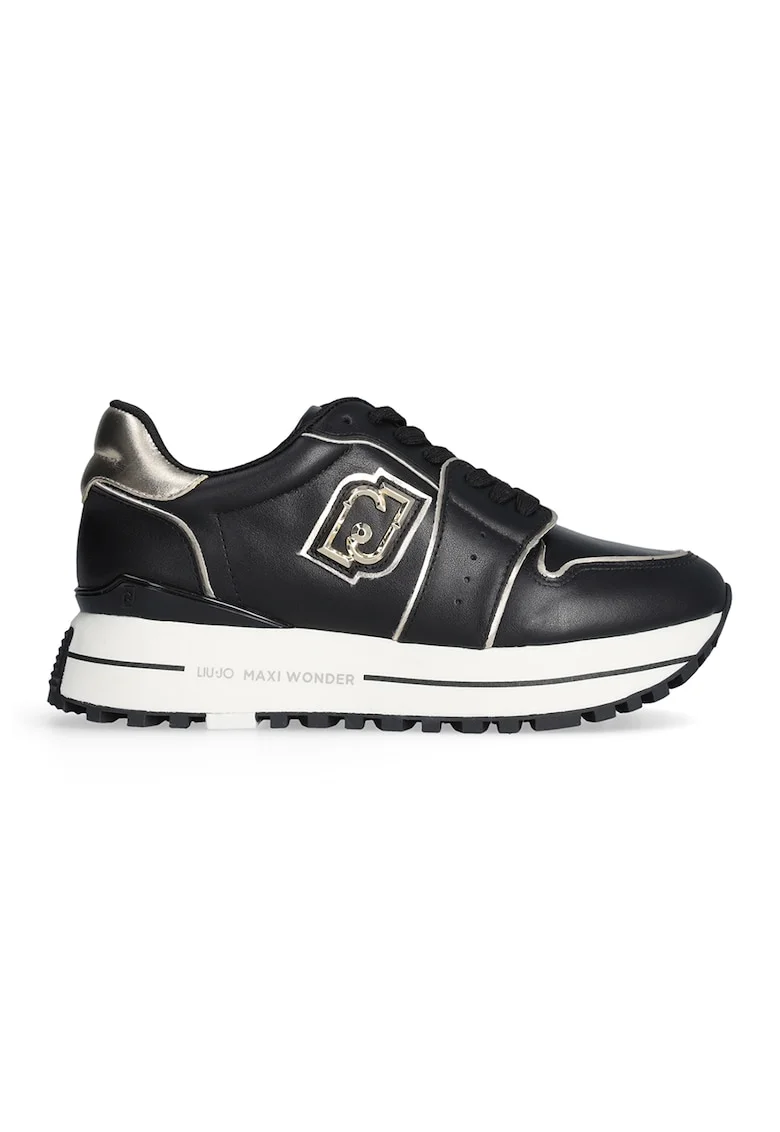 Pantofi sport din piele si piele ecologica cu talpa flatform, Auriu/Negru