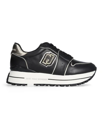 Pantofi sport din piele si piele ecologica cu talpa flatform, Auriu/Negru