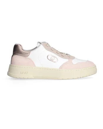 Pantofi sport din piele cu insertii din piele intoarsa, Alb/Roz prafuit