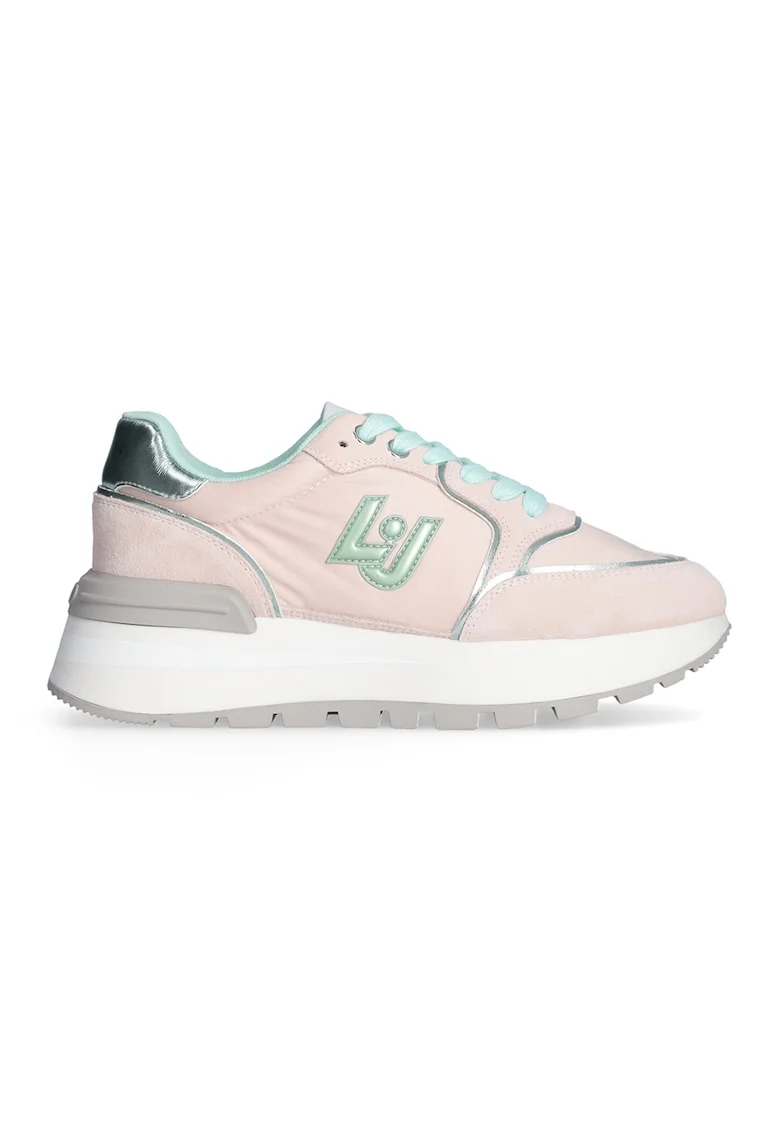 Pantofi sport din piele cu sireturi si platforma, Turcoaz/Roz