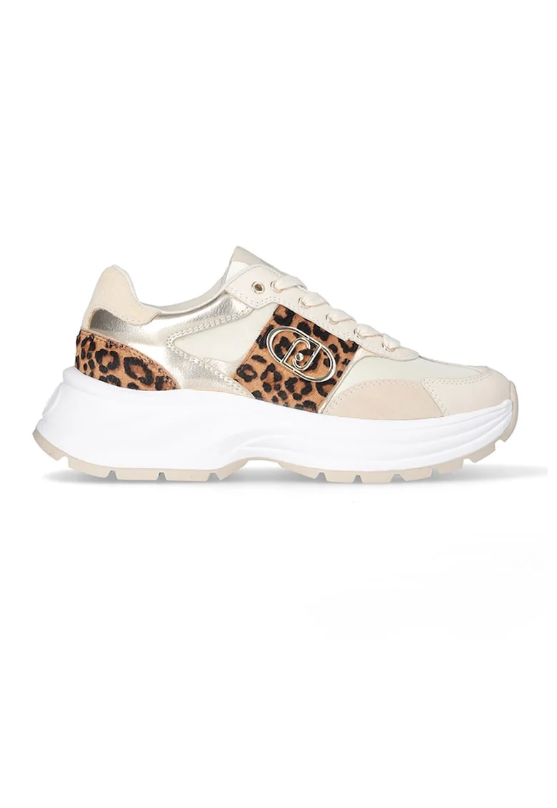 Pantofi sport din piele si material textil cu model animal print, Maro/Bej