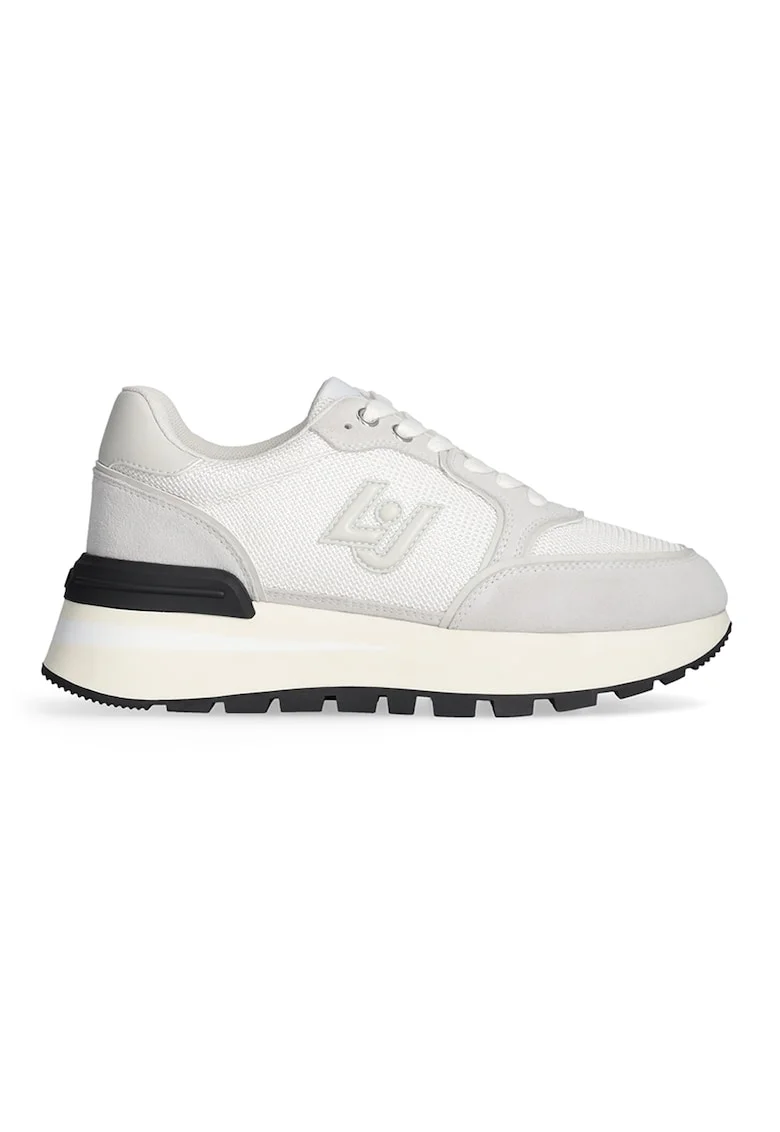 Pantofi sport din piele si material textil cu logo, Alb murdar