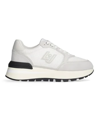 Pantofi sport din piele si material textil cu logo, Alb murdar