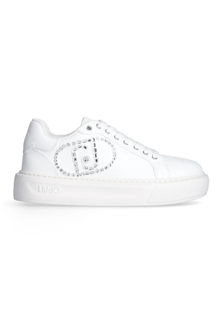 Pantofi sport din piele ecologica cu platforma si logo cu strasuri, Alb/Argintiu