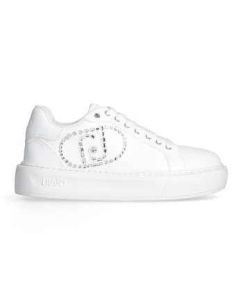 Pantofi sport din piele ecologica cu platforma si logo cu strasuri, Alb/Argintiu