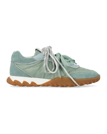 Pantofi sport din piele intoarsa si material textil cu strasuri Gea, Caramel/Alb murdar/Verde feriga