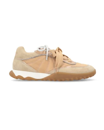 Pantofi sport din piele intoarsa si material textil cu strasuri Gea, Bej/Maro taupe deschis
