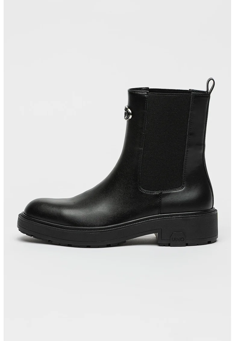 Ghete Chelsea de piele cu detaliu logo metalic, Negru
